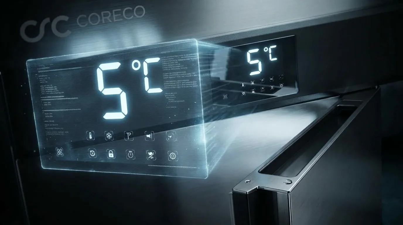 Pantalla de control Coreco mostrando 5 °C con efecto holográfico