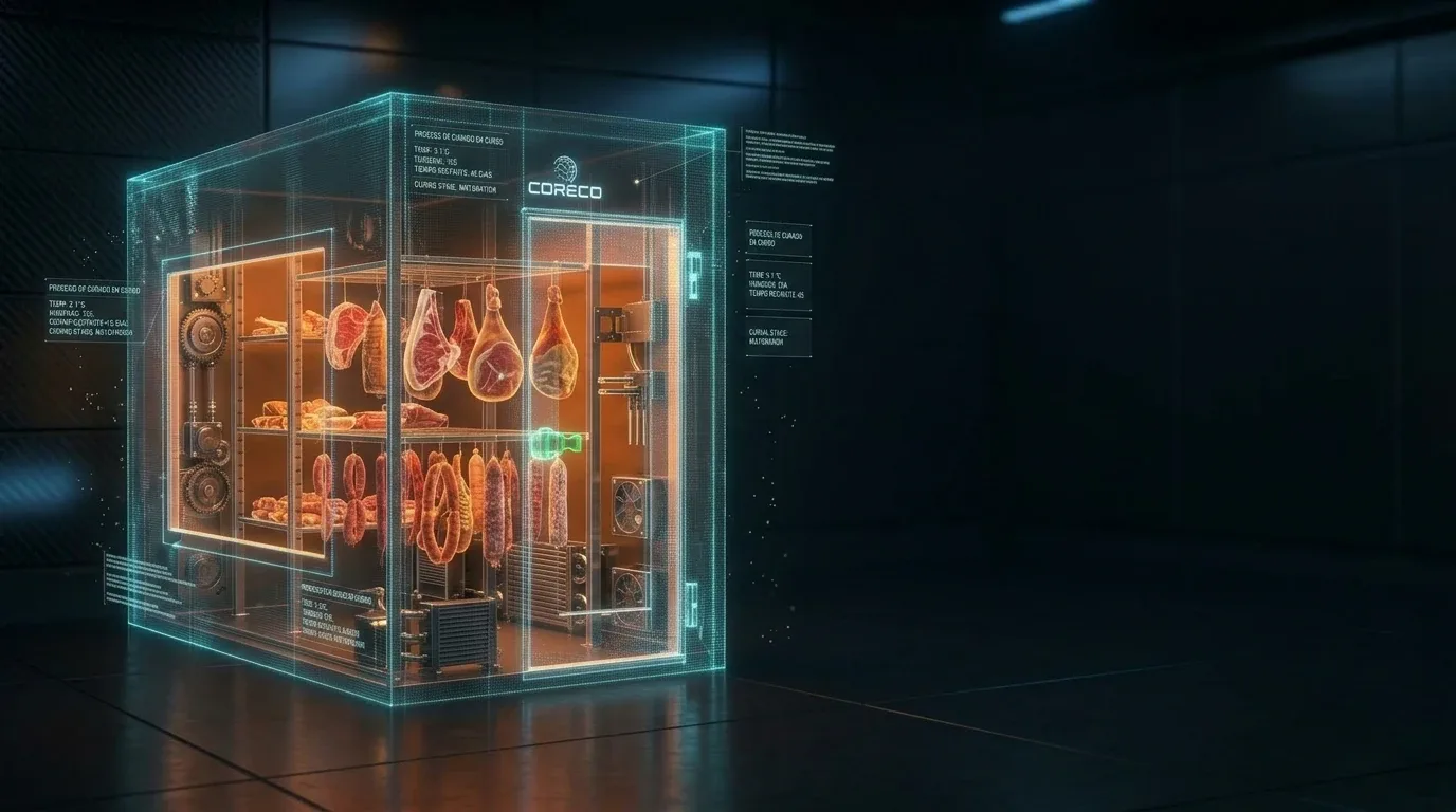 Cámara CORECO de curado en formato holográfico con jamones y embutidos